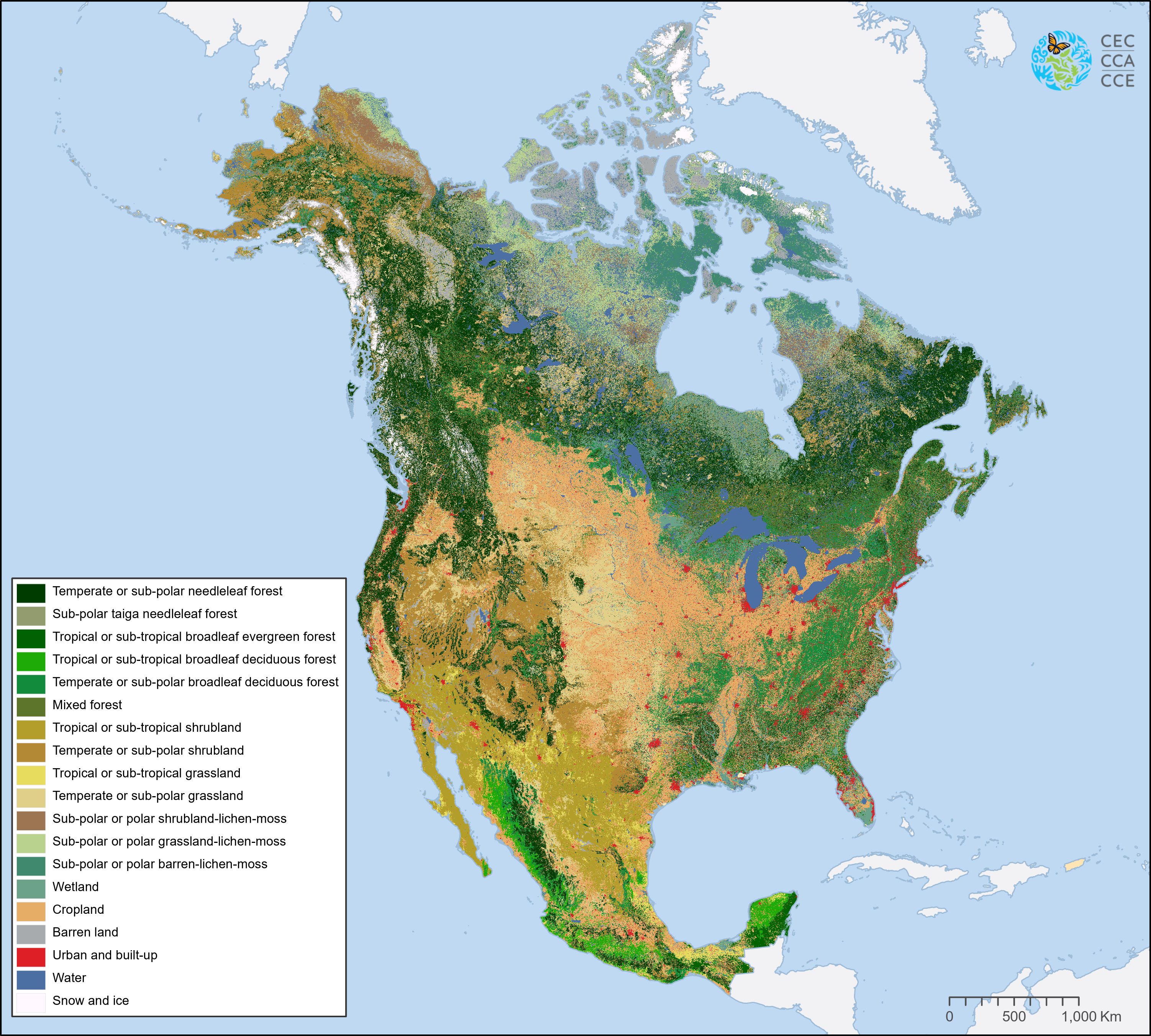 NALCMS 2020 North America Land Cover map showing forest, shrubland, moss, water and other land cover