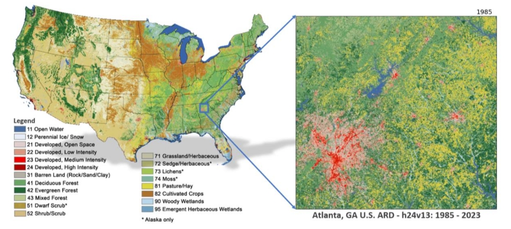 Map of CONUS with legend and inset image of Atlanta, Georga area
