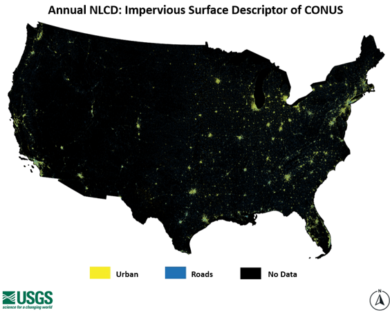Graphic showing urban, road, and no data of Impervious Surface Descriptor product