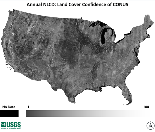 Graphic showing grayscale contrast of Land Cover Confidence product