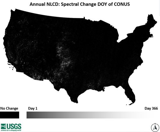 Annual NLCD Spectral Change DOY of CONUS grayscale map of change