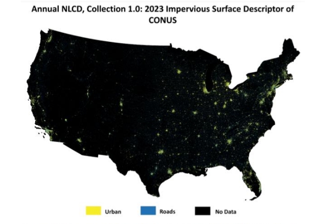 Graphic showing urban, road, and no data of Impervious Surface Descriptor product