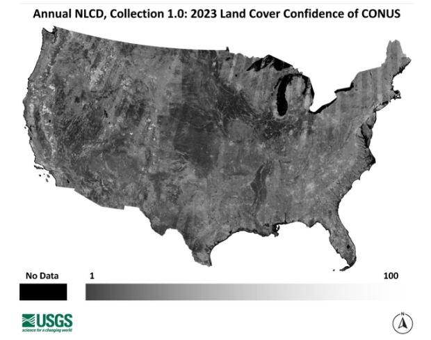 Graphic showing grayscale contrast of Land Cover Confidence product