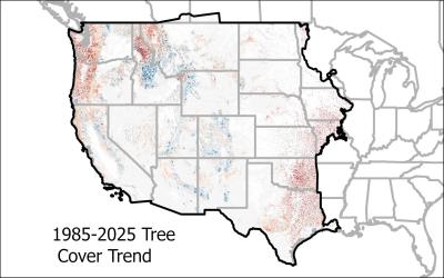 A map of Western CONUS with RCMAP Tree Cover Trend